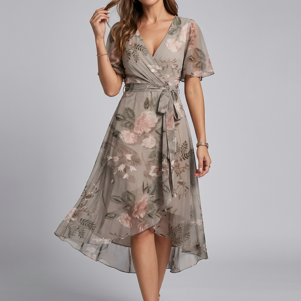 Women’s Floral Midi Dress with Flutter Sleeves