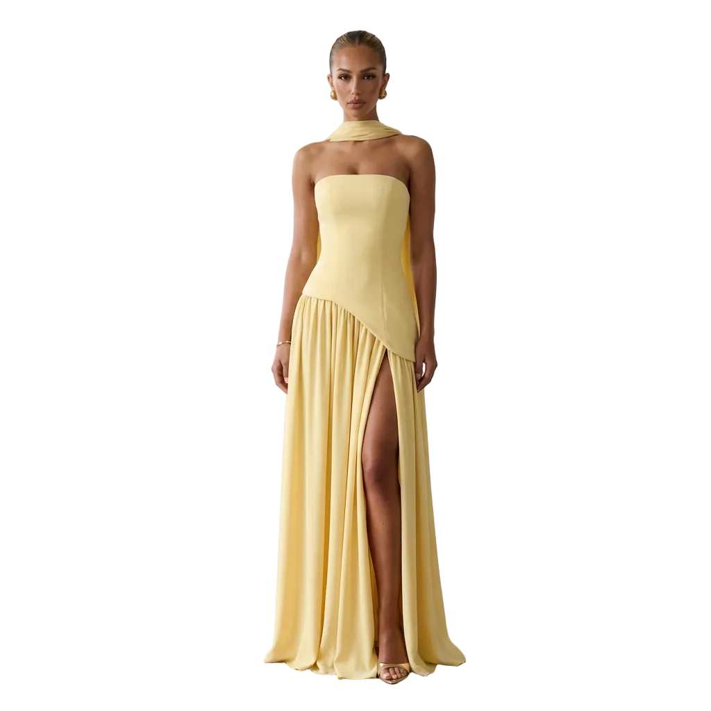 Women's Strapless Maxi Dress with High Slit and Asymmetric Waist