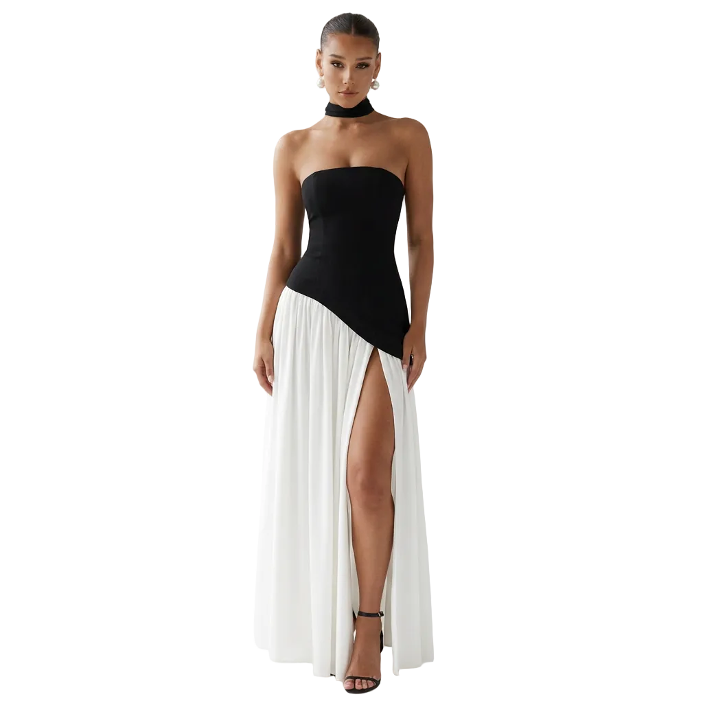 Women's Strapless Maxi Dress with High Slit and Asymmetric Waist