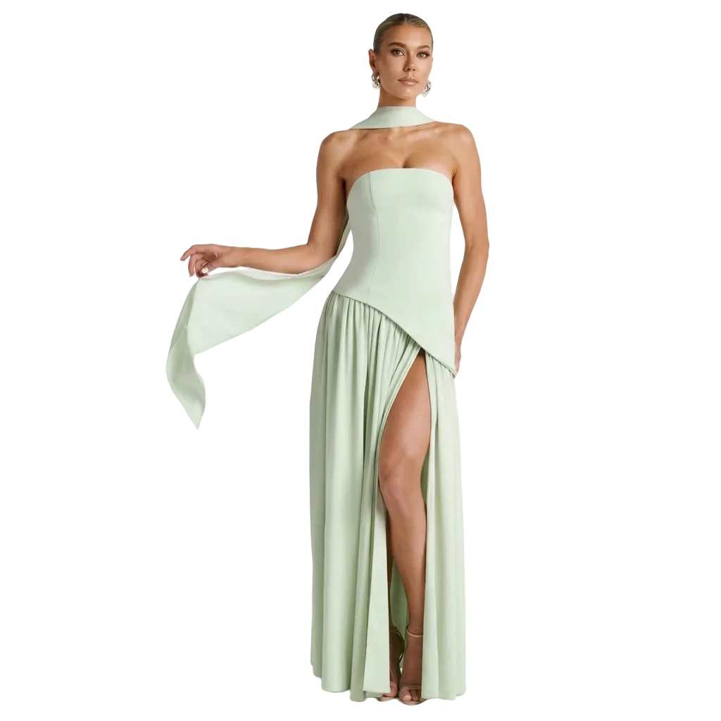 Women's Strapless Maxi Dress with High Slit and Asymmetric Waist