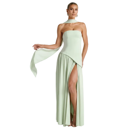 Women's Strapless Maxi Dress with High Slit and Asymmetric Waist