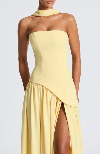 Women's Strapless Maxi Dress with High Slit and Asymmetric Waist