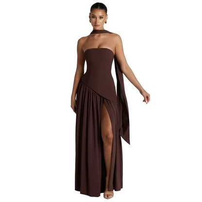 Women's Strapless Maxi Dress with High Slit and Asymmetric Waist