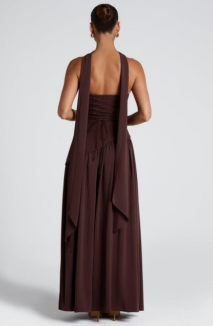 Women's Strapless Maxi Dress with High Slit and Asymmetric Waist